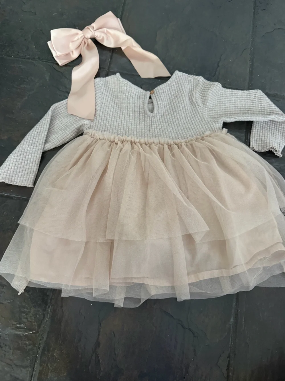 Zara Girls Waffle Knit Tulle Dress Size 3–4 Years (104 cm) Champagne Bow Dress